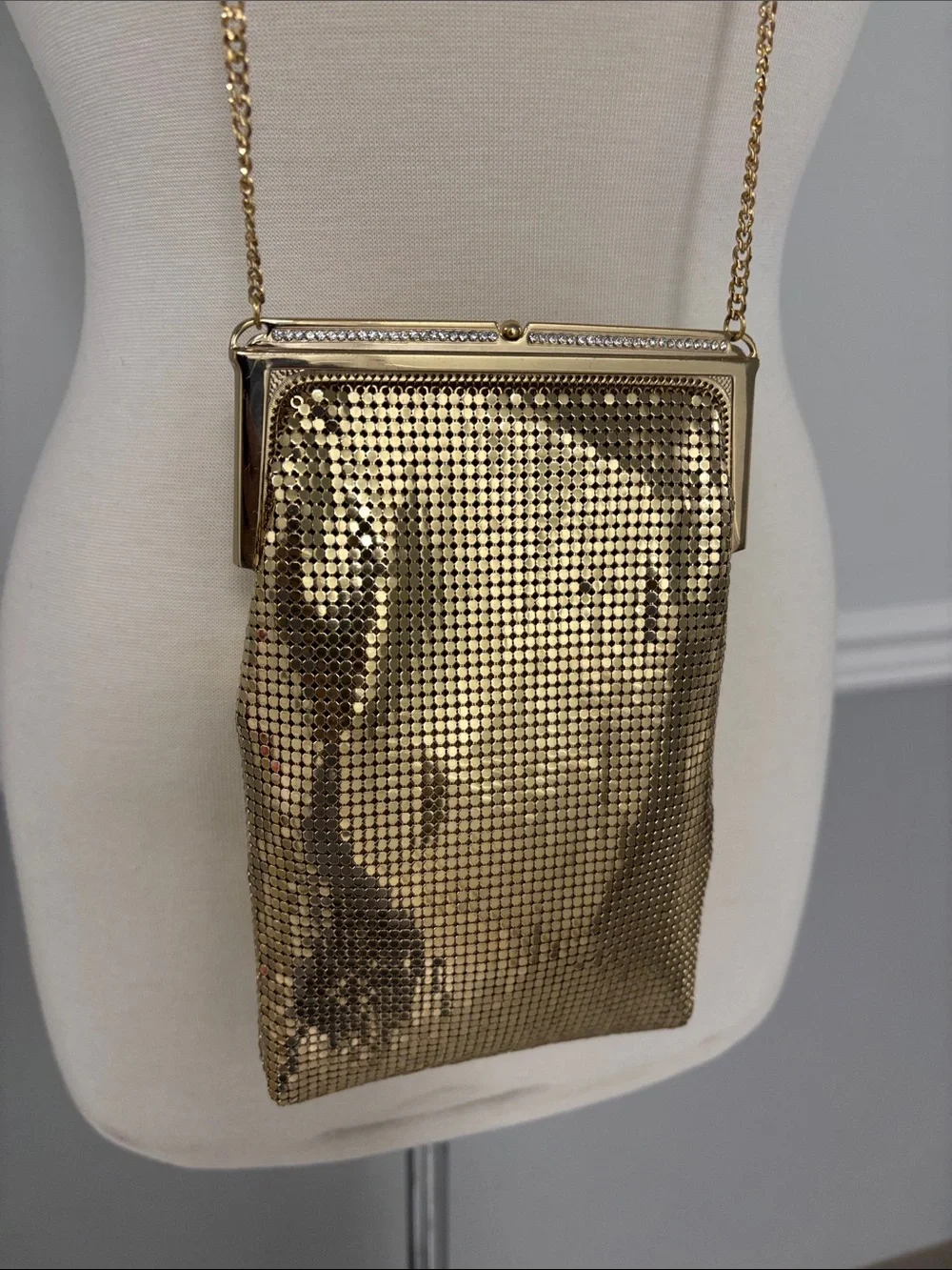Whiting & Davis Gold Mesh Evening Wristlet with Chain